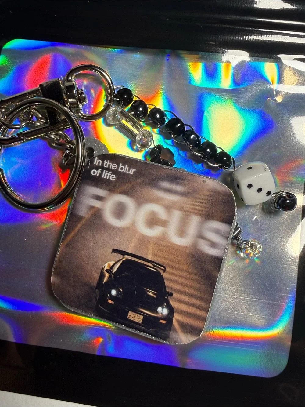FOCUS Black & White Dice Bead Keychain with Photo Tag